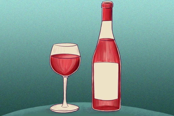 Ilustração colorida de uma garrafa de vinho e uma taça de vinho