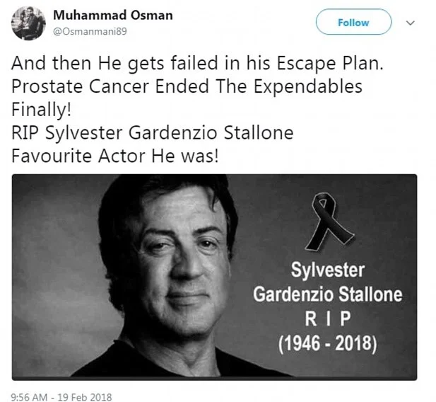 Post falso sobre a suposta morte de Stallone Post falso sobre a suposta morte de Stallone