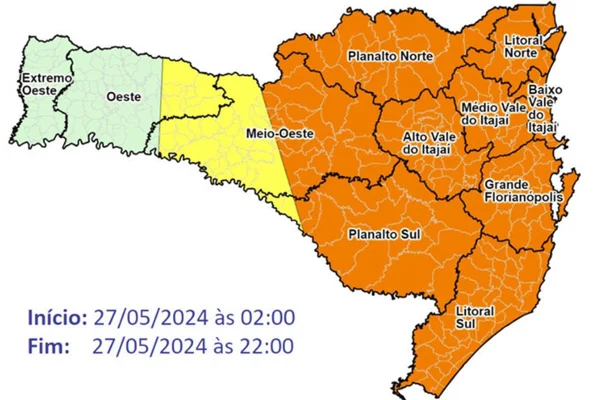 Na área laranja do mapa abaixo, o risco é alto para ocorrências como alagamentos e enxurradas - Metrópoles