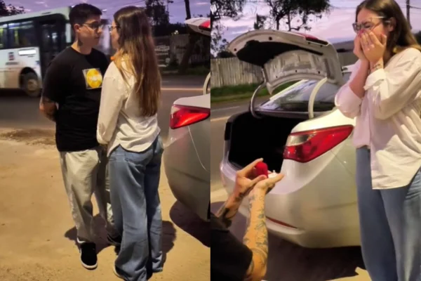 Foto mostra casal de jovens em falsa blitz em que ocorreu pedido de casamento