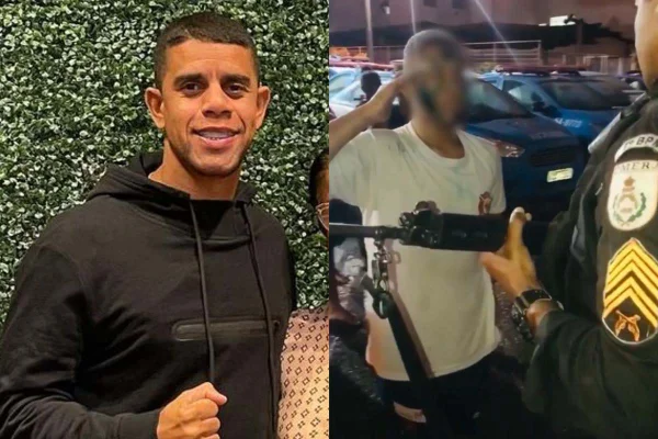 Montagem com foto de ex-PM Douglas Roberto e seu projeto militar para crianças