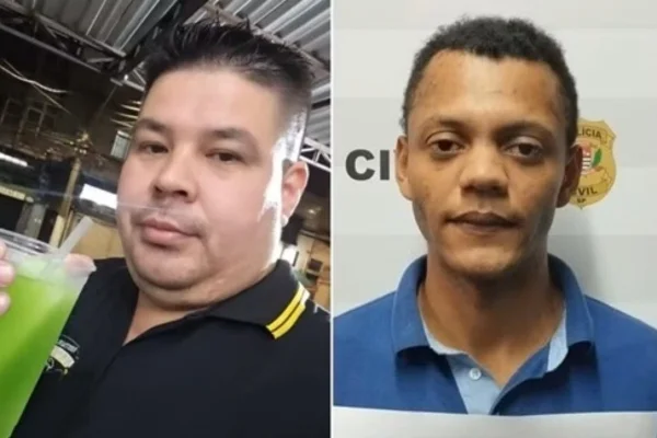 Duas imagens de dois homens distintos, posicionadas lado a lado. Do lado esquerdo, há um homem branco, que veste uma camiseta preta sob um fundo preto e segura um copo transparente com um líquido verde. À direta, há um homem negro, sob um fundo branco, que veste uma camiseta azul.