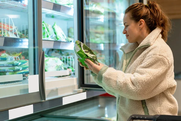 Mulher adulta jovem no supermercado de alimentos escolhendo vegetais congelados. Metrópoles