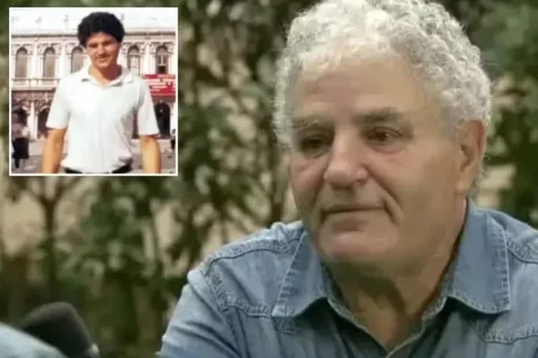 Imagem mostra uma fotografia de Luciano D'Adamo, que é um homem de cabelos brancos. Em uma montagem, está uma foto dele aos 24 anos - Metrópoles