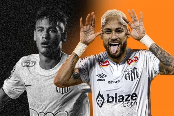 Imagem colorida de arte do Neymar antes e depois no Santos- Metrópoles