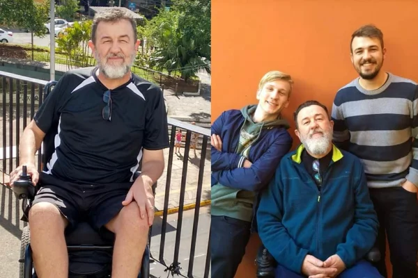 Joel e os filhos Mateus e Pedro. Ele foi diagnosticado com atrofia muscular espinhal (AME) apenas com 26 anos. Metrópoles