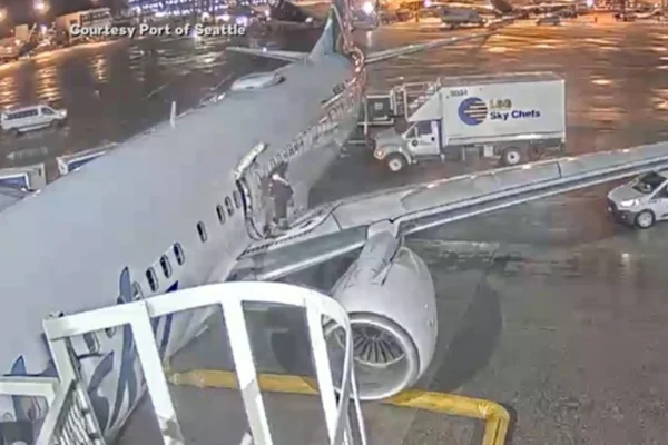 Imagem colorida de mulher deixando avião pela porta de emergência