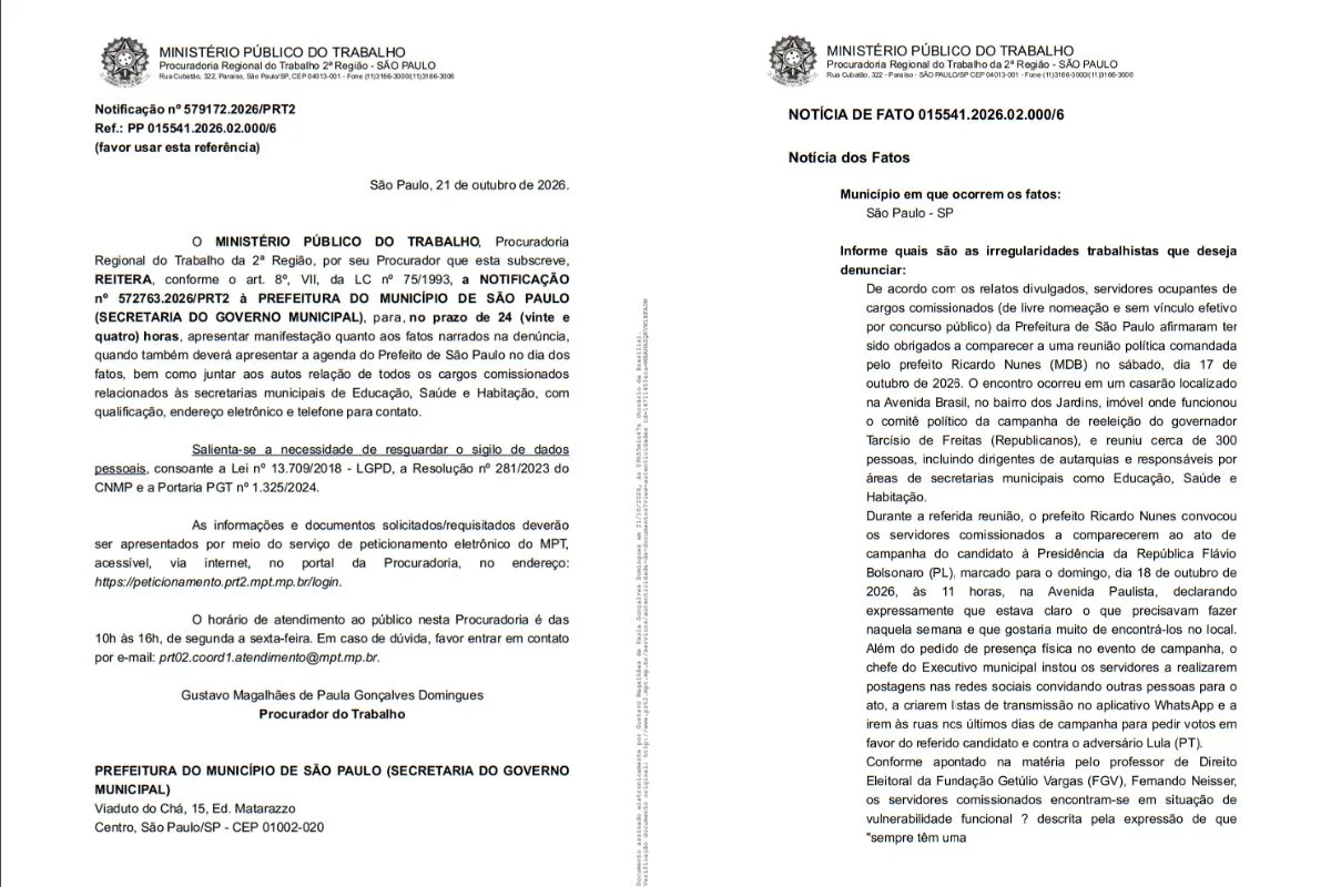 Ministério Público do Trabalho (MPT) deu 24h para Prefeitura explicar reunião realizada no Comitê de Campanha de Tarcísio de Freitas (Republicanos) Ministério Público do Trabalho (MPT) deu 24h para Prefeitura explicar reunião realizada no Comitê de Campanha de Tarcísio de Freitas (Republicanos)