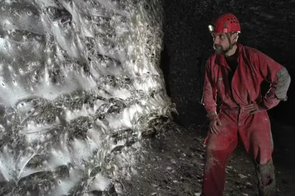 Homem vestido de vermelho olha maior teia de aranha do mundo em parede de caverna - Metrópoles