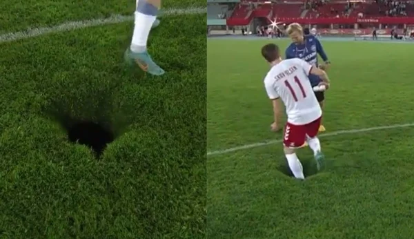 Que papelão! Buraco abre no meio do campo em Áustria x Dinamarca