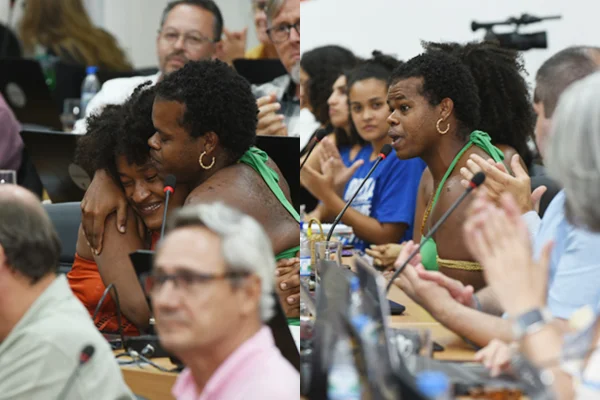 Imagem colorida de montagem de pessoas negras se abraçando do lado esquerdo e do lado direito uma delas discurssando. Metrópoles