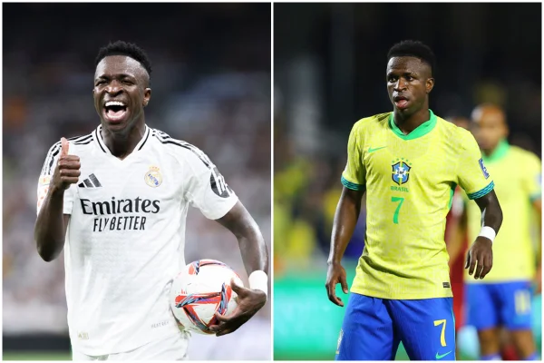 Imagem colorida de Vini Jr com a camisa do Real Madrid e da Seleção Brasileira- Metrópoles