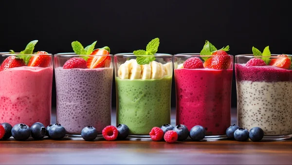 Foto colorida de diversos sabores de smoothies