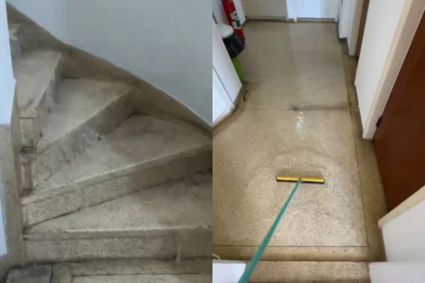 Segundo relatos, o vazamento de água está vindo de um apartamento que está em reforma. O prédio fica em Pitangueiras, no litoral paulista - Metrópoles