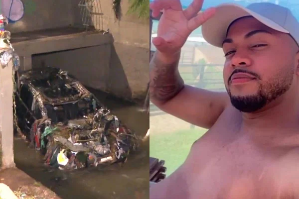 Imagem colorida de carro destruído e homem desaparecido após chuvas