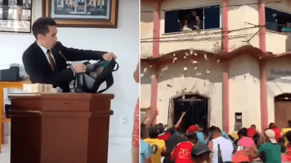 Montagem de fotos coloridas de vereador mostrando dinheiro que seria de suborno do prefeito