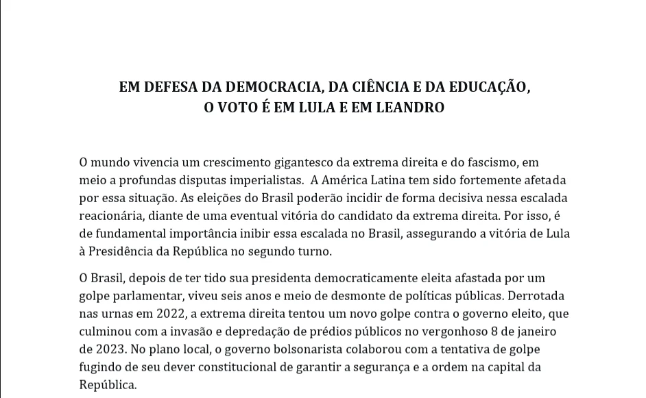 Associação de professores da UnB anuncia apoio a Lula e Grass - imagem 1 Associação de professores da UnB anuncia apoio a Lula e Grass - imagem 1