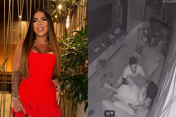Montagem de fotos mostra a influenciadora Kerem Leão à esquerda. À direta aparece imagens de câmera de segurança dela sendo agredida pelo ex-namorado