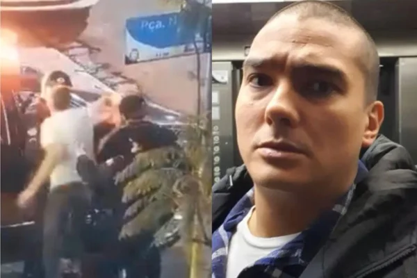 Rodrigo Gentil Falcão, secretário de Segurança de Taboão da Serra exonerado por socar uma mulher na rua. Em fotos justapostas, o momento em que ele agride a vítima e sua foto - Metrópoles