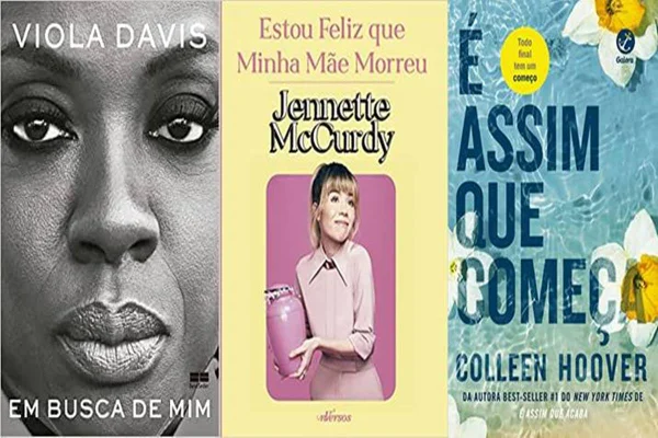 Imagem colorida com uma montagem de 3 livros. Um em preto e branco com a foto da Viola Davis e outros com a atriz Jennette Mccurdy e o outro na cor azul