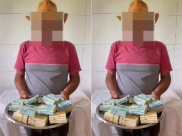 imagem colorida. homem bandeja dinheiro