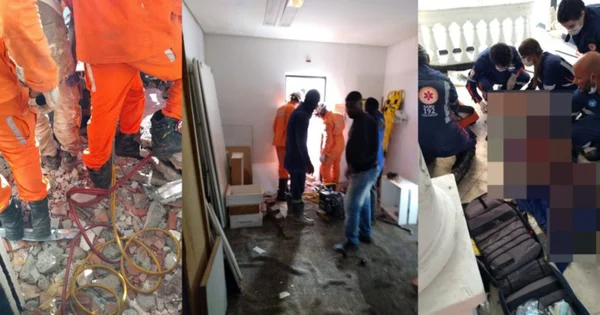 Imagem colorida de bombeiros atendendo vítimas do desabamento - Metrópoles