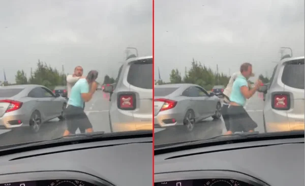 Montagem de fotos justapostas com sequência de dois pais de alunos brigando em rua da Argentina. O vídeo é feito de um carro e os homens brigam no meio da pista, trocando socos - Metrópoles