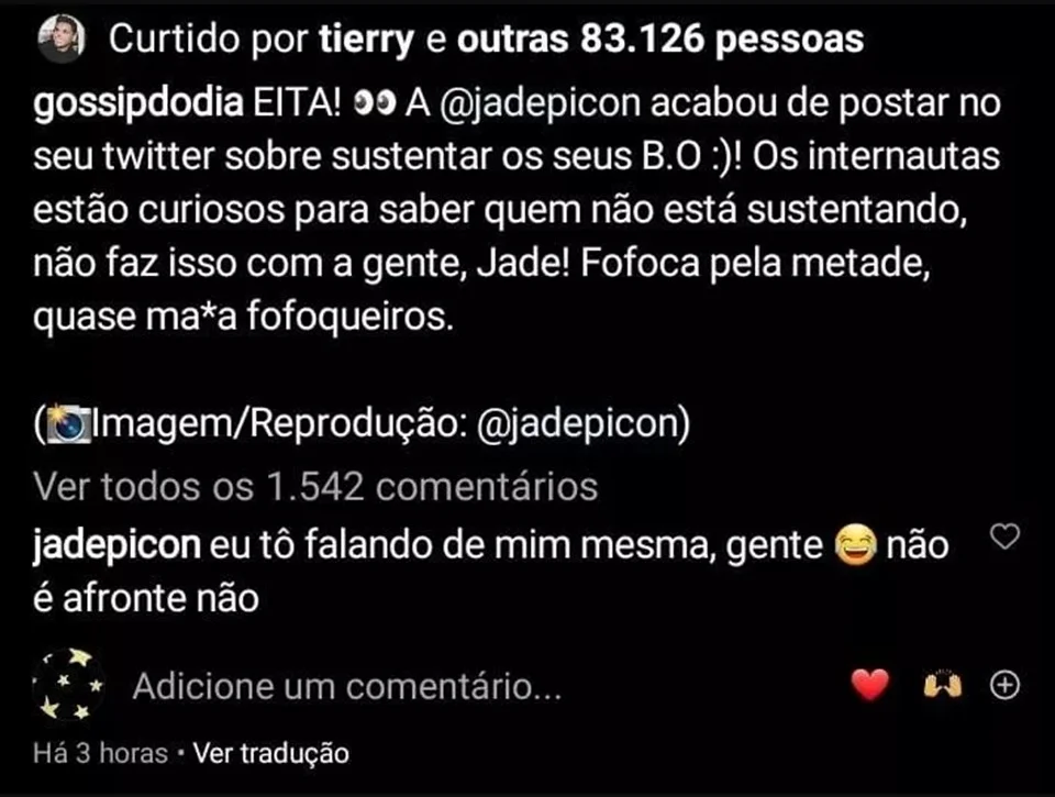 Jade Picon explica post polêmico sobre "sustentar B.O." Jade Picon explica post polêmico sobre "sustentar B.O."