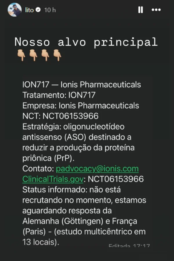 Esposa de Lito Sousa faz apelo por vaga em tratamento experimental - destaque galeria