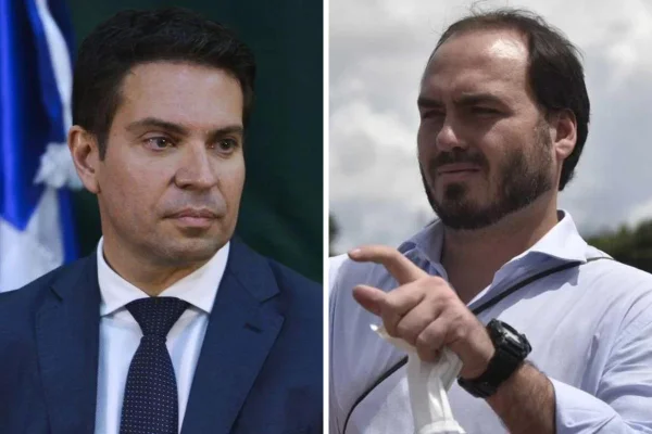 Montagem com fotos de Alexandre Ramagem e Carlos Bolsonaro