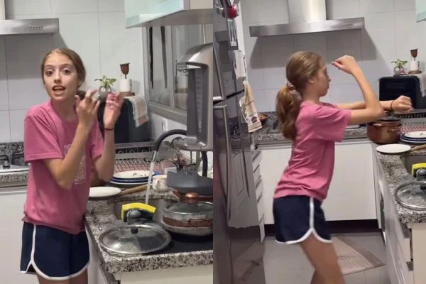 montagem de menina dançando enquanto lava louça