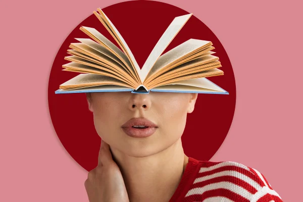 Montagem em tons de vermelho e rosa, mostram a face de uma mulher com um livro no lugar da cabeça - Metrópoles