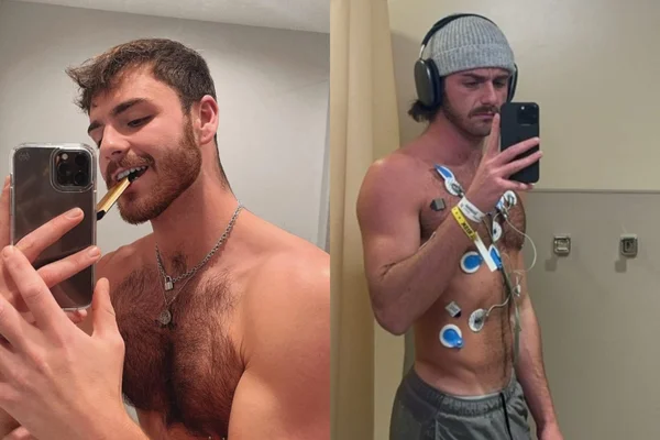 Montagem de fotos mostra Joe Lawrence, americano que teve problema pulmonar por uso de vape, em uma das imagens com um cigarro eletrônico e na outra com dutos e sensores por tratamento de seu pulmão colapsado