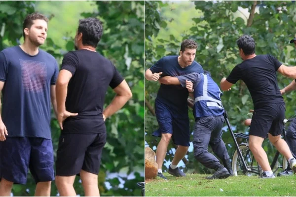 Imagens de Caíque e Moretti, personagens da novela Travessia, em luta corporal - Metrópoles