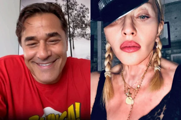 Montagem com imagens coloridas de Luciano Szafir e Madonna - Metrópoles