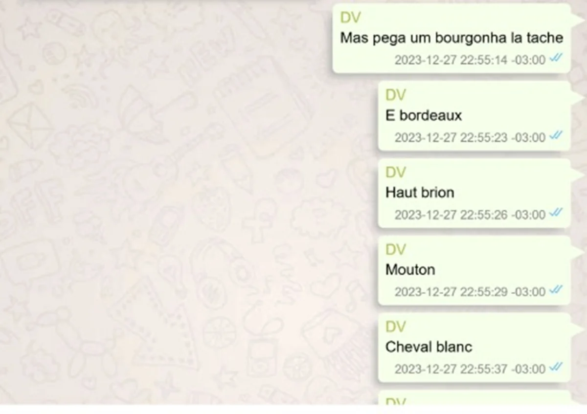Nas mensagens, Vorcaro especifica quais marcas devem ser servidas Nas mensagens, Vorcaro especifica quais marcas devem ser servidas
