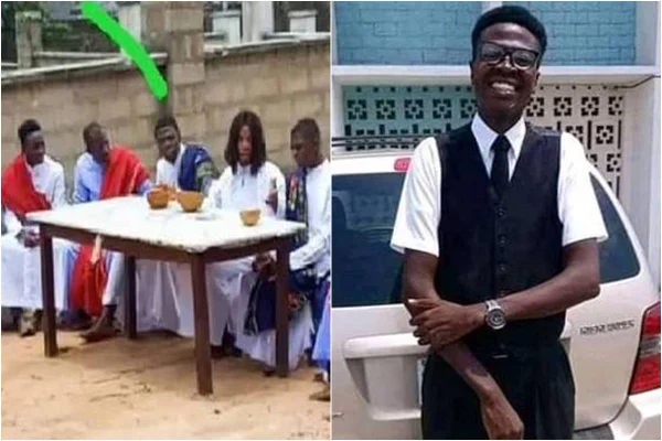 Fotos justapostas com o jovem universitário Sule Ambrose, primeiro durante um ensaio, usando uma túnica, e na segunda sorrindo para uma foto. Ele morreu em encenação da paixão de Cristo na Nigéria - Metrópoles