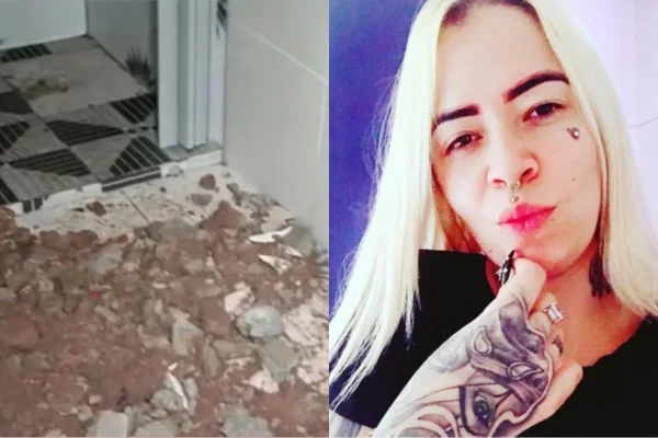 Imagem colorida mostra local da escavação e foto da acompanhante encontrada enterrada debaixo de cama. Metrópoles