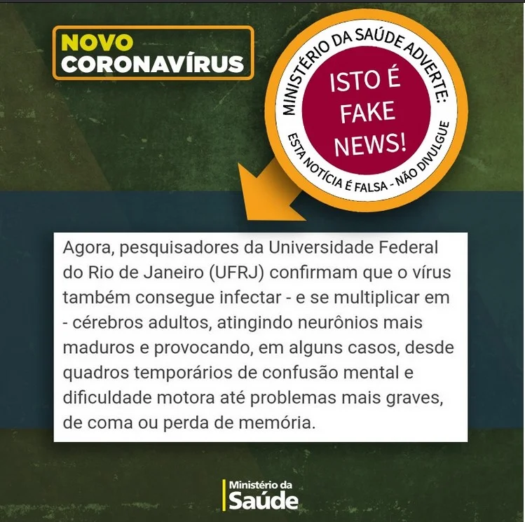 "A UFRJ não tem condições técnicas para realizar tal pesquisa porque ainda não temos o novo coronavírus isolado no Brasil. Além disso, não há evidências científicas de que o novo coronavírus provoque esses danos cerebrais" "A UFRJ não tem condições técnicas para realizar tal pesquisa porque ainda não temos o novo coronavírus isolado no Brasil. Além disso, não há evidências científicas de que o novo coronavírus provoque esses danos cerebrais"