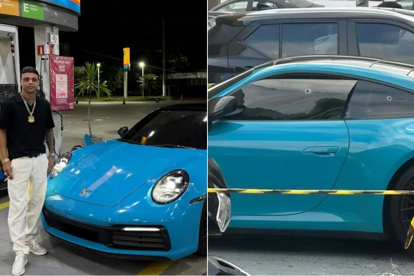 Montagem colorida com fotos de um veículo Porshe, de cor azul. À esquerda, influenciador Biel Drake posa ao lado do veículo. A imagem à direita é do veículo com perfurações causadas por disparos de arma de fogo.