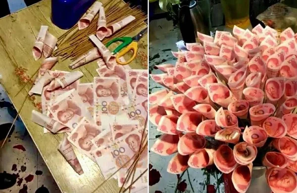 Homem dá de presente para a namorada buquê feito com dinheiro