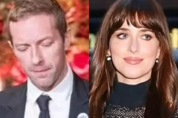 Montagem feita a partir de fotos das redes sociais de Chris Martin e Dakota Johnson - Metrópoles