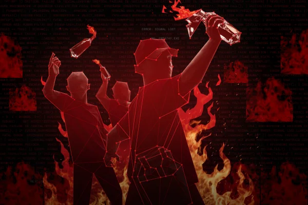 Imagem de um jovem com um coquetel molotov nas mãos iniciando um incêndio