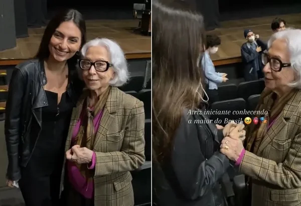 Fernanda Montenegro dando conselhos para uma atriz iniciante durante espetáculo - Metrópoles