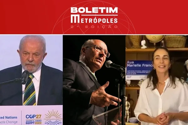 Imagem colorida com fotos de Lula, do vice-presidente eleito, Geraldo Alckmin e da ex-jogadora de vôlei Isabel, destaques do Boletim Metrópoles de 16/11/2022