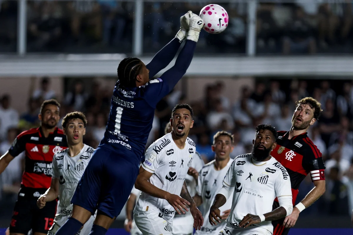 Diógenes, do Santos, afasta a bola da área no jogo contra o Flamengo Diógenes, do Santos, afasta a bola da área no jogo contra o Flamengo