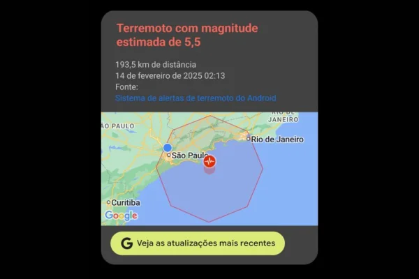 Imagem colorida de um alerta do Google de terremoto