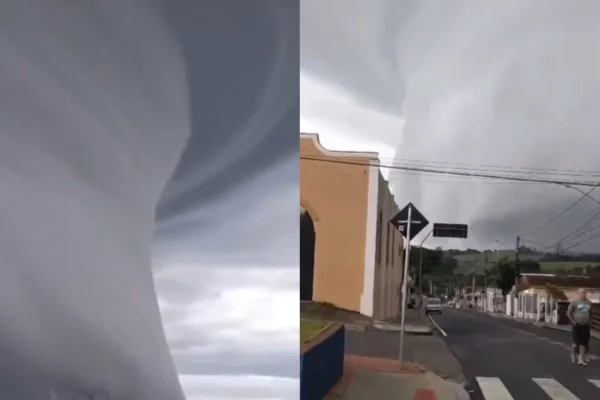 Montagem com duas fotos que mostram nuvem enorme no céu cinzento - Metrópoles
