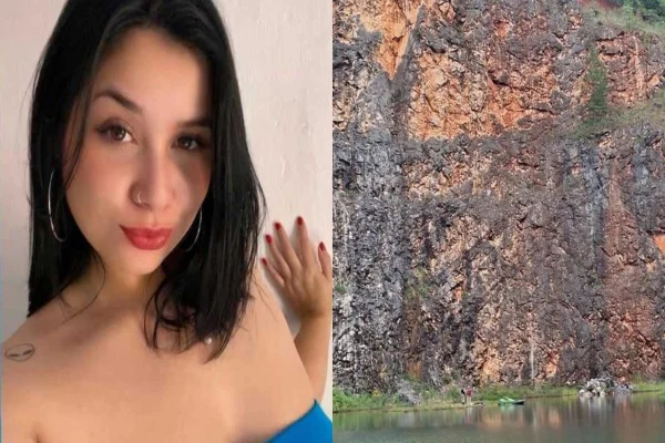 Imagem colorida, mulher vítima de acidente em esporte radical e ao lado o local - Metrópoles