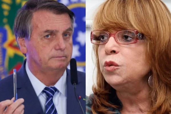 Em fotos justapostas, o presidente Jair Bolsonaro (esquerda) segura uma caneta durante discurso, e na outra foto (direita) a autora de novelas da Globo Glória Perez fala - Metrópoles